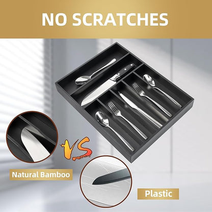 Silverware Organizer Bamboo Kitchen Drawer Organizer Utensil Organizer Silverware Holder Cutlery Organizer in drawer Flatware Organizer Tray (Black 7 Slots)