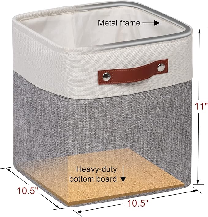 Fabric Storage Cubes 10.5”x10.5”x11” Cube Storage Bins for Closet Organizers and Storage Shelves Foldable Storage Bin with Handles, 6 Pack, Grey, PU Leather Handle