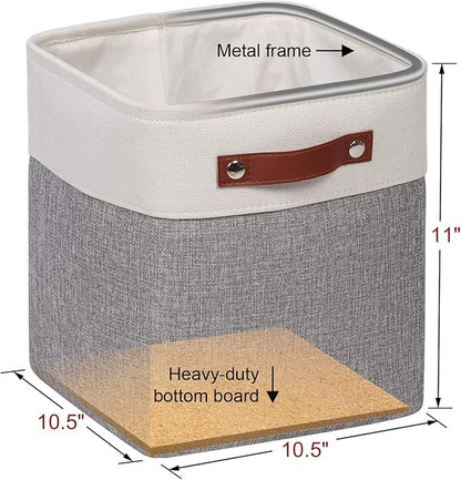 Fabric Storage Cubes 10.5”x10.5”x11” Cube Storage Bins for Closet Organizers and Storage Shelves Foldable Storage Bin with Handles, 6 Pack, Grey, PU Leather Handle