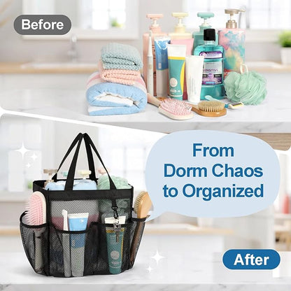 F-color Mesh Shower Caddy Portable with 2 Pack Name Tags, Upgrade Deeper 7 Pockets Shower Bag Tote for College Dorm Room Toiletry Bathroom Essentials Gym Camp Quick Dry 2 handles with S Hook, Black