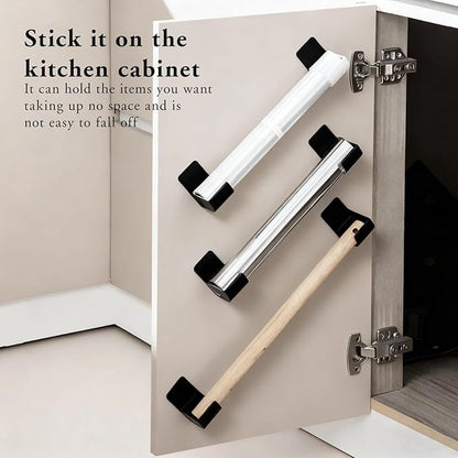 4 Pairs Bin Bag Holder Self-Adhesive Foil Holder Wall Mounted Plastic bag Holders Cupboard Door Storage Organiser No Punching Garbage Bag Dispenser for Tin Foil,Cling Film,Trash (Black)