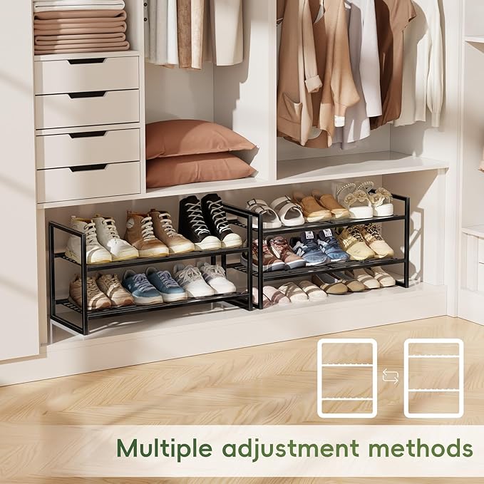 2 Tier Shoe Rack, Industrial 27" Wide Shoe Organizer with Extra Thick Metal Frame, Closet Shoe Shelf with Quick Assembly, Matte Black