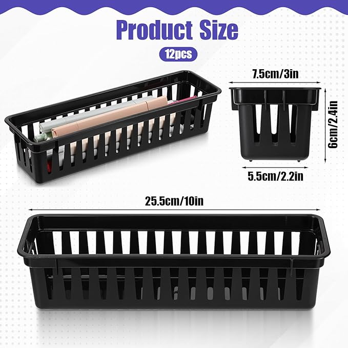 12 Pcs Slim Plastic Storage Baskets Tray, 10 x 3 x 2.4 Inch Black Small Narrow Storage Bins Stackable Desktop Stationery Holder for School, Classroom, Office, Home