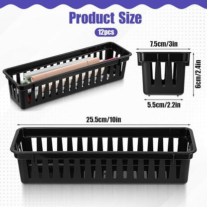 12 Pcs Slim Plastic Storage Baskets Tray, 10 x 3 x 2.4 Inch Black Small Narrow Storage Bins Stackable Desktop Stationery Holder for School, Classroom, Office, Home