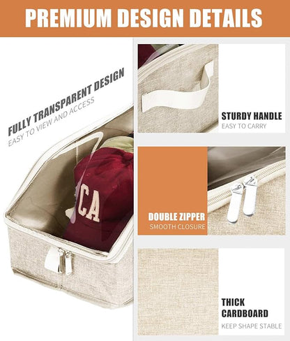 Livelab Hat Organizer for Baseball Caps, Hat Storage Holder Container for Closet Hold Up to 12 Caps with Clear Window, Hat Boxes for Home Storage | 2Pcs Beige