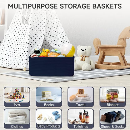 3-Pcs Shelf Baskets for Organizing, Closet Organizer Bins, Small Woven Baskets, Rope Toy Basket, Storage Basket for Shelves, Cube Decorative Box, 11.8×7.8×5.1”|Navy Blue