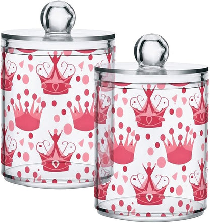 4 Pack Qtip Holder Dispenser Crown Pink Polka Dots Cotton Ball Swab Round Pads Floss Clear Bathroom Storage Containers Plastic Apothecary Jars with Lids