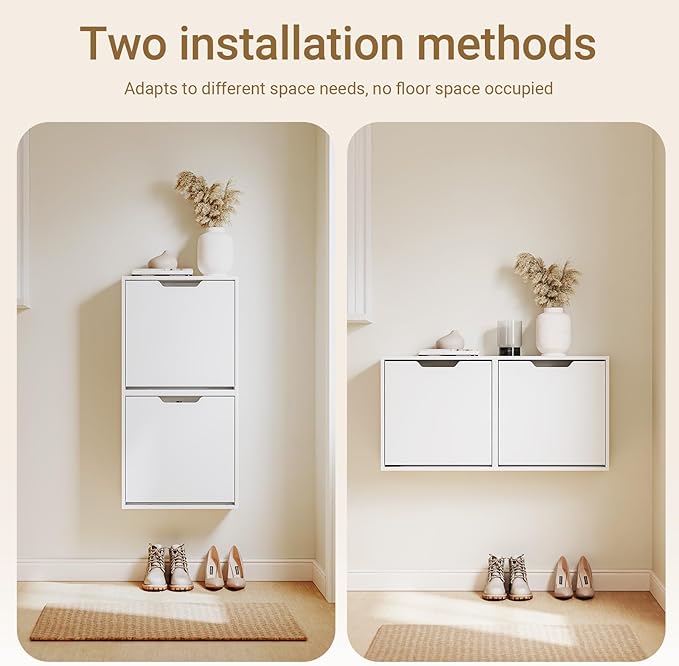 Haotian Wall Mounted Slim Shoe Cabinet for Entryway, Narrow Shoe Rack with 2 Flip Drawers, Hidden Shoe Storage Organizer, Vertical or Horizontal Mounting, Anti-Tip Design, White, FSR210-W