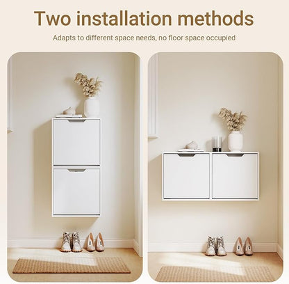 Haotian Wall Mounted Slim Shoe Cabinet for Entryway, Narrow Shoe Rack with 2 Flip Drawers, Hidden Shoe Storage Organizer, Vertical or Horizontal Mounting, Anti-Tip Design, White, FSR210-W