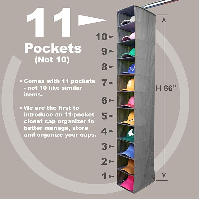 Perfect Curve 11-Pocket Hanging Baseball Hat Organizer - Gray Hat Storage Rack for Closet, Holds Up to 100 Caps. Also store shoes or sneakers or towels. Multiple uses.