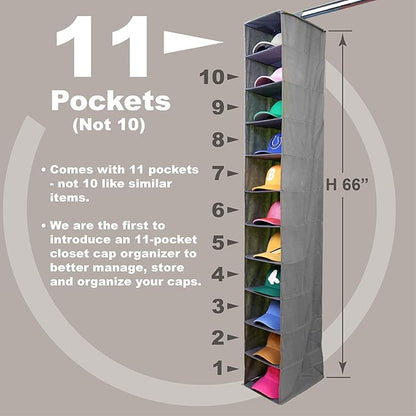 Perfect Curve 11-Pocket Hanging Baseball Hat Organizer - Gray Hat Storage Rack for Closet, Holds Up to 100 Caps. Also store shoes or sneakers or towels. Multiple uses.