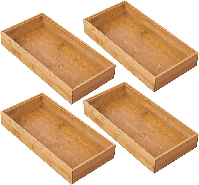 mDesign Wooden Bamboo Drawer Organizer - 12" Long Stackable Storage Box Tray for Kitchen Drawers/Cabinet - Utensil, Silverware, Spatula, and Flatware Holder - Echo Collection - 4 Pack, Natural Wood