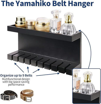 Yamahiko Belt Organizer - Wall Mounted Hanger with Double Shelving, Universal Rack for Men & Women, Black