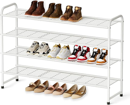 KEETDY 4-Tier Long Shoe Rack for Closet Floor, Wide Shoe Organizer Storage, Stackable Shoe Rack for Entryway Metal Shoe Shelf for 30 Pairs Men Sneakers with Wire Grid for Bedroom, White