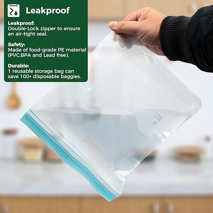 SPLF 20 Pack Reusable Half Gallon Freezer Bags Dishwasher Microwave Safe, 1/2 Gallon BPA Free Leakproof Food Storage Bags, Silicone Free Containers for Meal Prep, Fridge Kitchen Organization