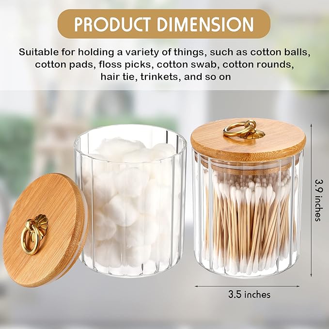 Irenare 2 Pack Glass Jars with Bamboo Lids Bathroom Canisters Apothecary Jars Set Cotton Ball Holder Bathroom Containers Cotton Dispenser Bathroom Storage Organization for Bathroom Farmhouse Favors