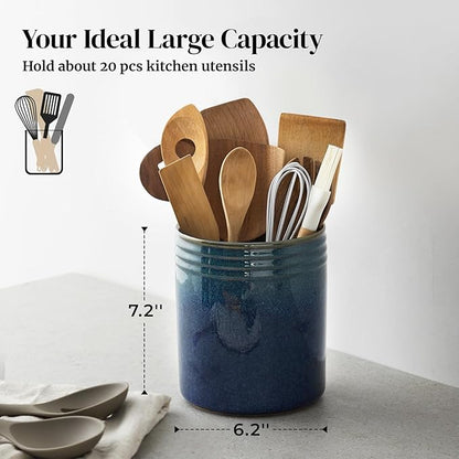DOWAN 7.2" Kitchen Utensil Holder, Extra Large Farmhouse Utensil Holders for Countertop, Ceramic Utensil Crock, Anti Slip Cork Bottom