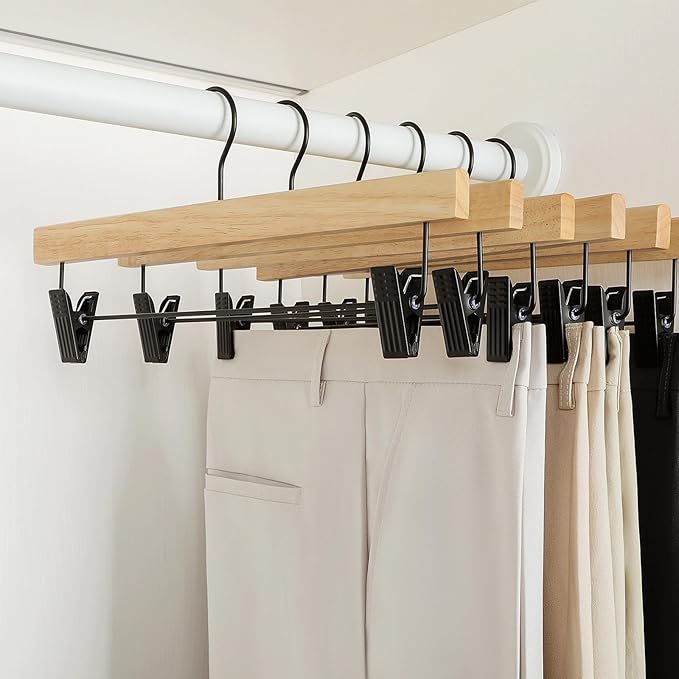 TOPIA HANGER Pants Hangers 20 Pack, Wooden Clothes Hangers with Black Clips and Rotatable Hook, Durable Natural Rubber Wood Hangers for Skirts, Pants, Jeans, Shorts - CTS05N