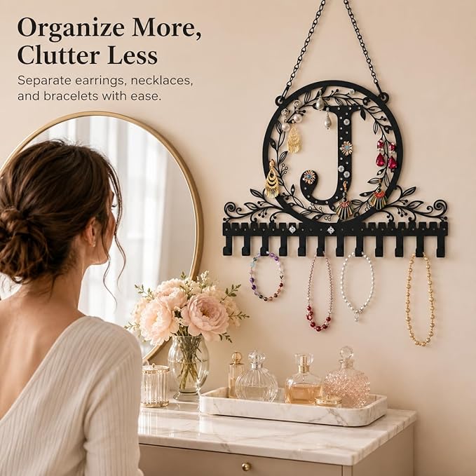 Wall-Mounted Metal Initial Letter J Earring Holder Hanging Jewelry Organizer for Earrings and Necklaces Space-Saving Wall Display with Hooks for Jewelry Storage