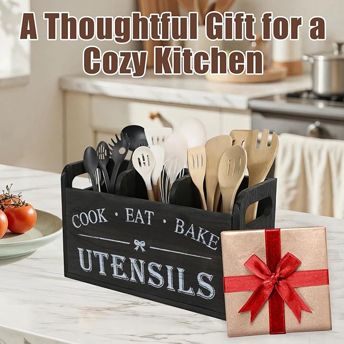 Wooden Kitchen Utensil Holder for Counter, 3 Compartments Utensil Caddy for Knife Spoon Fork Cooking Spatula, Rustic Silverware Organizer for Countertop Flatware Cutlery Storage, Farmhouse Decor
