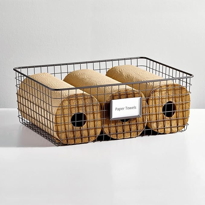 mDesign Wide Steel Wired Storage Organizer Bin Baskets with Label Slot for Kitchen Pantry, Cabinet, Organizing Holder for Food, Drinks, Snacks, Produce, Omaha Collection, 2 Pack, Matte Black