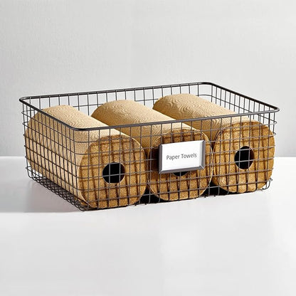 mDesign Wide Steel Wired Storage Organizer Bin Baskets with Label Slot for Kitchen Pantry, Cabinet, Organizing Holder for Food, Drinks, Snacks, Produce, Omaha Collection, 2 Pack, Matte Black