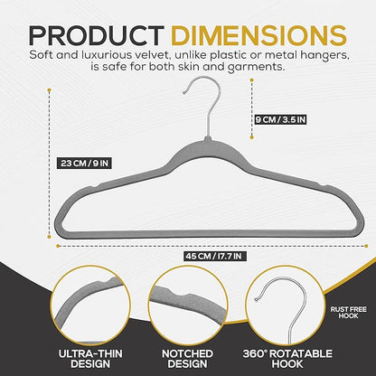 Techzoo Premium Velvet Hangers 50 Pack Ultra Thin Non Slip Adult Felt Space Saving Slim Suit Hanger for Closet Heavy Duty Coat Pants Jackets Dress Hangers 360° Swivel Hook Hold Upto 10 lbs Gray
