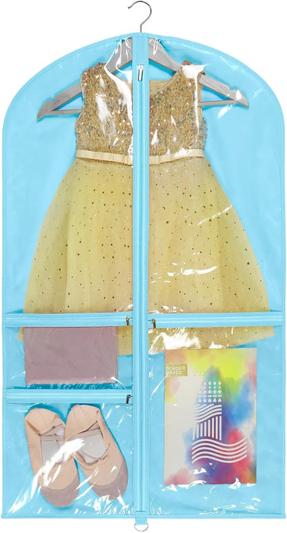 Univivi 40 Inch Girls Garment Bags for Dance Costumes, Dance Competition Garment Bag with 3 Medium Clear Zipper Pockets for Dance Essentials and Accessories, Dance Shoes (Blue), 1 Pack, UN0750