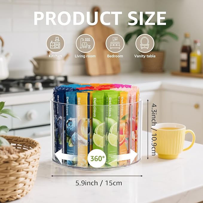 2-Pack Divided Drink Packet Organizer, Rotating Turntable Organizer, Spinning Powdered Drink Mix Holder, Clear Lazy Susan Turntable, Divided Water Drink Packet Storage Organizer