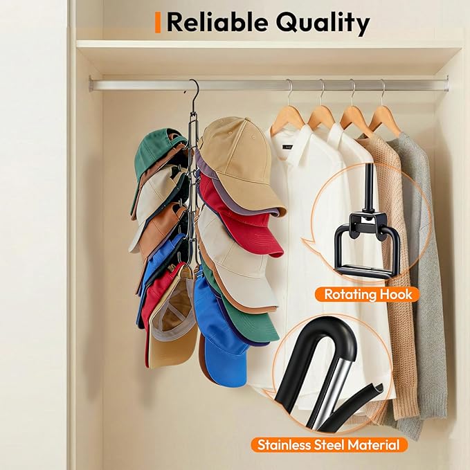 Hat Hangers for Closet, Hat Organizer for Baseball Caps, Stainless Steel Hat Rack with 10 Hooks for Caps Storage and Closet Organization (Black)