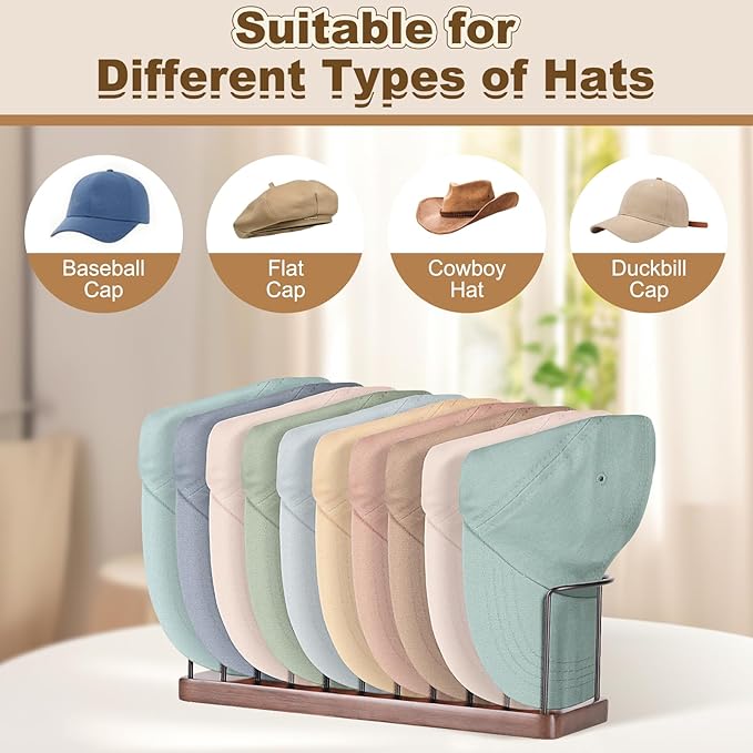 Hat Organizer for Baseball Caps, Wooden Tabletop Hat Rack Holder for 10 Hats Hat Display Stand for Closet Organizers and Storage Brown 2 Pack