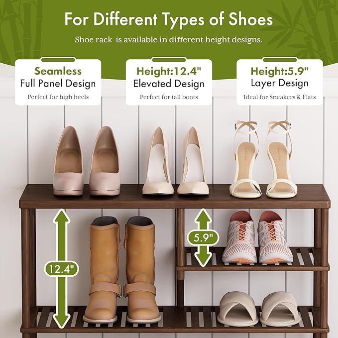 Bamboo Shoe Rack, 4 Tiers Shoe Organizer for Closet, Shoes Storage for 20-24 Pairs, Freestanding Shoe Shelf with Removable Pocket for Entryway Bedroom Front Door Dorm, Walnut Brown