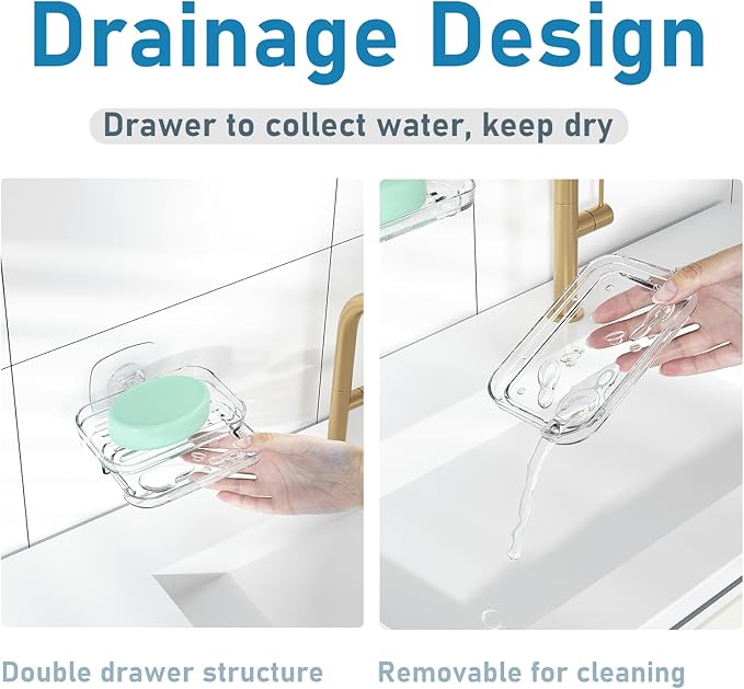 Soap Dish for Shower Clear Soap Holder Pull-Out Water Tray No Drilling Required Strong Fixation for Rv Bathroom and Kitchen Easy（1 Pack）