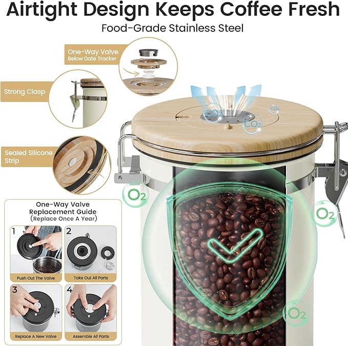 Veken Coffee Sugar Canister with Window, Gifts For Women,Airtight Stainless Steel Home Kitchen Food Storage Container Gift, Date Tracker & Scoop for Coffee Grounds, Beans,Tea,Flour,Cereal, 22OZ, Cream