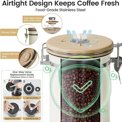 Veken Coffee Sugar Canister with Window, Gifts For Women,Airtight Stainless Steel Home Kitchen Food Storage Container Gift, Date Tracker & Scoop for Coffee Grounds, Beans,Tea,Flour,Cereal, 22OZ, Cream
