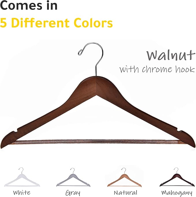 Quality Wooden Hangers - Slightly Curved Hanger 20 Pack Sets - Solid Wood Coat Hangers with Stylish Chrome Hooks - Heavy-Duty Clothes, Jacket, Shirt, Pants, Suit Hangers (Walnut/Retro, 20)