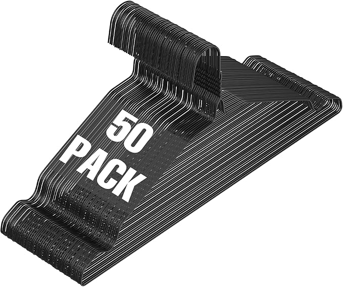 SPECILITE Wire Hangers 50 Pack, Metal Wire Clothes Hanger Bulk for Coats, Space Saving Metal Hangers Non Slip 16.7 Inch Ultra Thin, for Standard Size Suits, Shirts, Pants, Skirts-Black