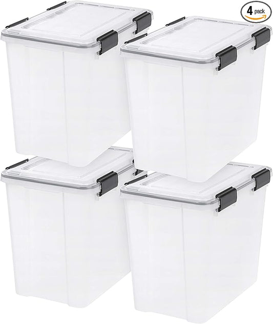 IRIS USA WeatherPro 32 Qt Storage Bins with Lids, 4 Pack, BPA-Free Plastic Gasket Box with Tight Latch and Seal, Stackable Nestable Tote Tub - Clear/Black