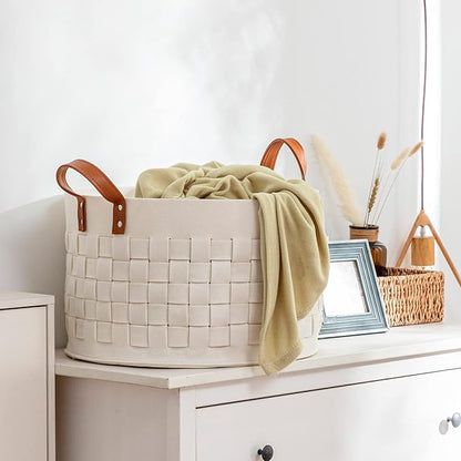 BOLDMONEKY Blankets Basket 20" x20 " x11.8 ", Large Round Laundry Hamper with Leather Handle, Soft Dog Toy Woven Basket for Storage-Beige