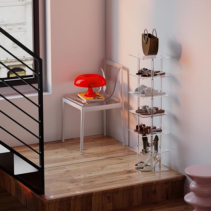 Aquiver Acrylic Vertical Shoe Rack - Free Standing Shoe Rack 7 Tier Shoe Storage Organizer Narrow Shoe Rack for Small Spaces, Entryways, Living Rooms, Bedrooms, 11'' L x 11'' W x 41.7'' H