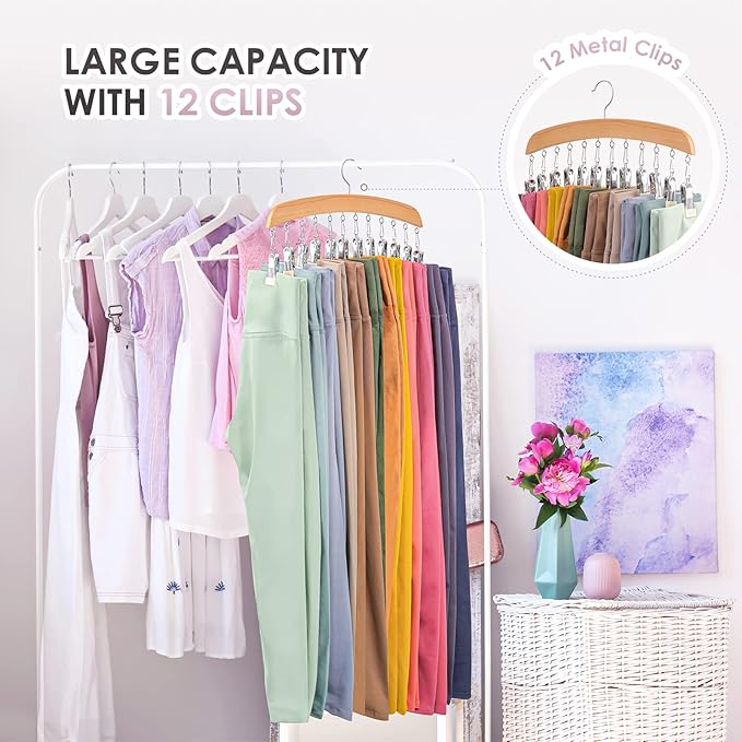 MEILIDY Leggings Hangers, Wooden Closet Hanging Leggings Storage Organizer Scarf Hangers with 24 Clips, 360° Swivel Hook, Burlywood, 2 Pcs