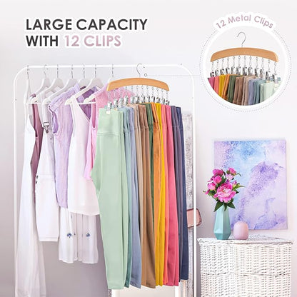 MEILIDY Leggings Hangers, Wooden Closet Hanging Leggings Storage Organizer Scarf Hangers with 24 Clips, 360° Swivel Hook, Burlywood, 2 Pcs