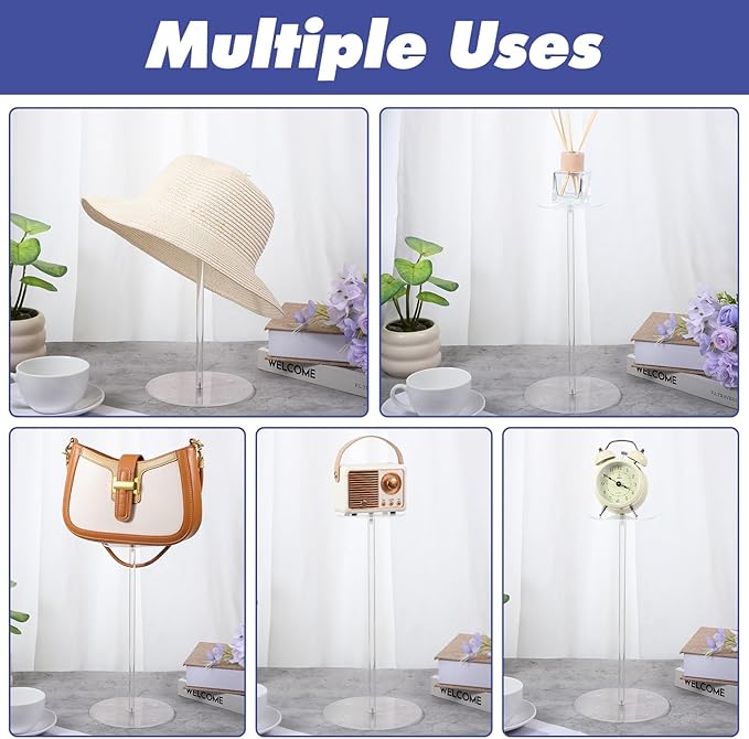 Dimeho 6 PCS Acrylic Hat Stand 12" Clear Wig Display Rack Baseball Cap Holder Acrylic Risers With Round Barbell Pedestal for Display Tabletop Watch Jewelry Multiple Hats