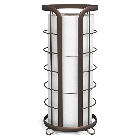 BROOKSTONE Toilet Paper Holder Stand Reserve - Free Standing Toilet Paper Stand with Storage that Holds Mega Rolls, Standing Bathroom Tissue Organizer, Bathroom Decor - Modern Storage Holder, Bronze