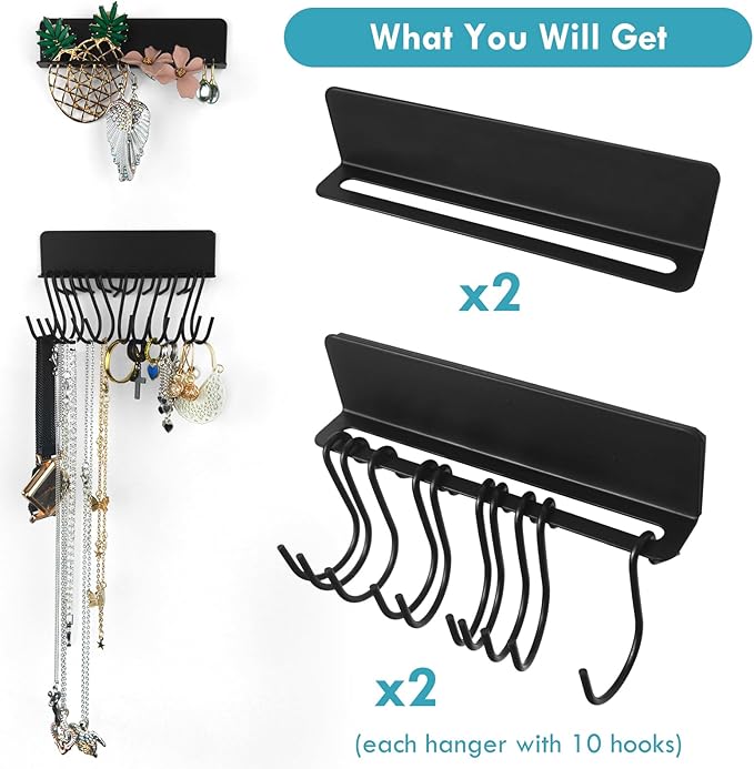 Magnetic & Adhesive Hanging Jewelry Organizers, 4 Pack Small Metal Display Holders of Racks and S Hangers for Necklace Earring Ring Bracelet, Tiny Earring Shelf Mount on Wall Mirror Cabinet Pegboard