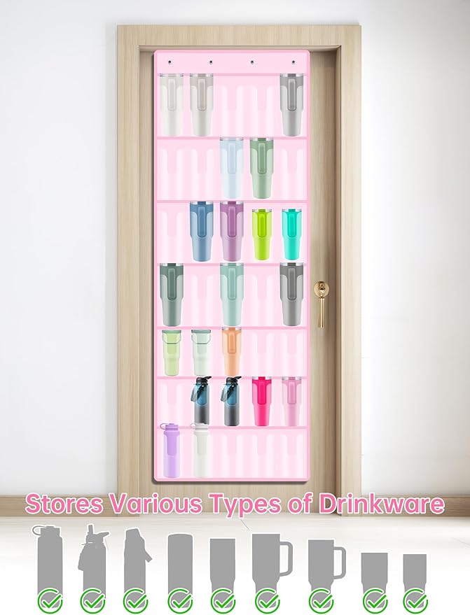 NiHome 35-Pocket Large Capacity Door Cup Organizer Fit for Stanley Tumblers 30oz, 40oz, Door Hanging Water Bottle Storage Double-Sided Tape Stabilizer, Waterproof Oxford Fabric, Transparent (Pink)