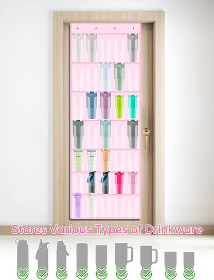 NiHome 35-Pocket Large Capacity Door Cup Organizer Fit for Stanley Tumblers 30oz, 40oz, Door Hanging Water Bottle Storage Double-Sided Tape Stabilizer, Waterproof Oxford Fabric, Transparent (Pink)
