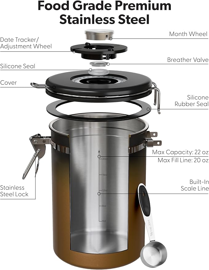 Veken Coffee Canister with Window,Airtight Stainless Steel Kitchen Food Storage Container, Date Tracker & Scoop for Grounds Coffee, Beans, Tea,Flour,Cereal,Sugar,22OZ,Copper