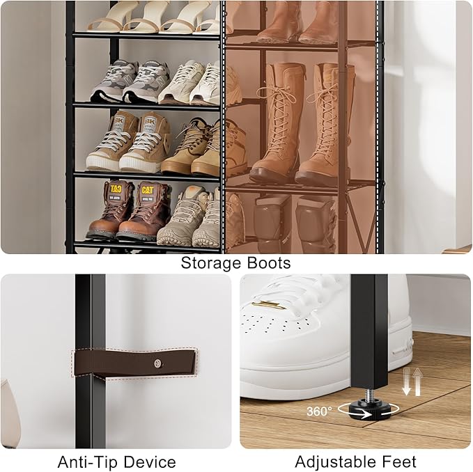 10-Tier Shoe Rack, Shoe Storage Organizer with Boots Storage, Large Capacity Shoe Shelf Holds 27-30 Pairs of Shoes, Durable and Stable, for Entryway, Closet, Hallway, Dorm Room, Rustic Brown
