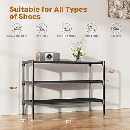 Simple Trending Shoe Rack, 3-Tier Shoe Organizer, Non-Woven Shoe Shelf Storage for Closet, Entryway, Bedroom, 27.5" Wide, Black